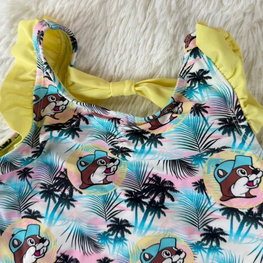 Buc-ee's Girls 3T One Piece Swimsuit Brown Palm Tree‎ Ruffles Tropical Beachwear - Picture 3 of 7